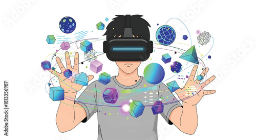 Young person immersed in a vibrant virtual reality world, surrounded by floating geometric shapes and spheres, exploring digital dimensions