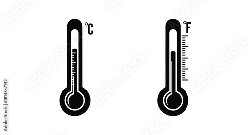 Two black thermometers displaying celsius and fahrenheit scales side by side