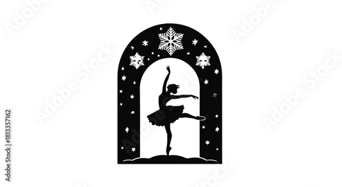 Elegant ballerina silhouette performing gracefully within a festive snowy archway.
