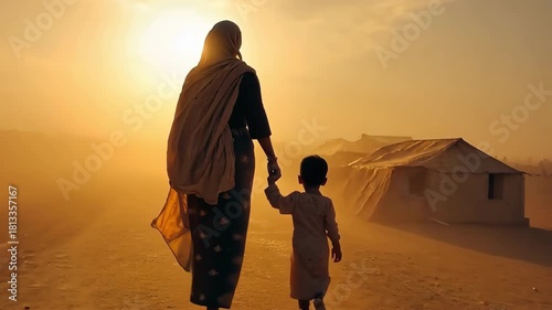 Mother and child walking in refugee camp at sunset, holding hands, hopeful.