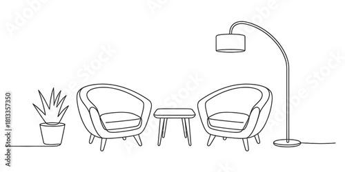 Continuous line drawing of a modern living room interior setup featuring two armchairs, a side table, floor lamp, and potted plant