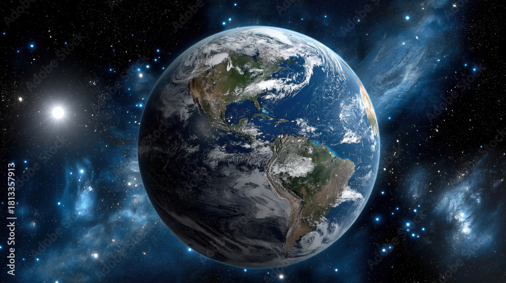 Obraz premium Earth is depicted in cosmic setting, surrounded by stars and galaxies, showcasing its beauty and vastness of space