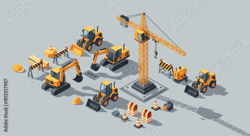 Minimalist flat-style vector illustration of a modern construction site featuring compact excavators, mini loaders, infographics, infrastructure projects, and industrial branding. 