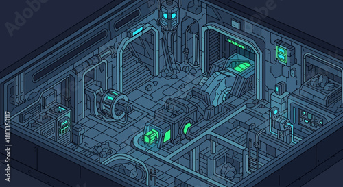Isometric Heavy Construction Machinery in Futuristic Underground Mining Scene – Vector Illustration