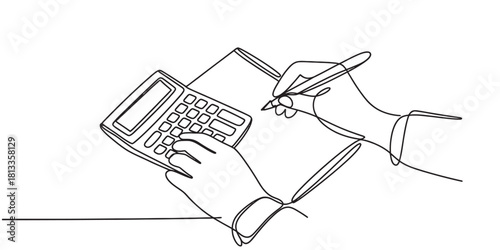 Continuous line drawing of hands calculating on a calculator and writing on paper, illustrating financial tasks and accounting.