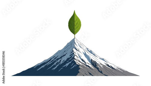 Snowy mountain peak topped with a vibrant green leaf isolated on, symbolizing natures resilience