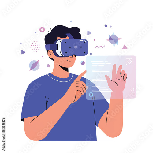 Immersive virtual reality experience with a person interacting with a futuristic interface