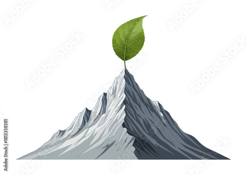 A single leaf grows from the peak of a mountain isolated on, representing resilience and growth