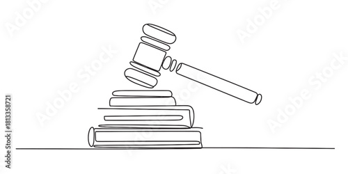 Continuous line drawing of a judge's gavel resting on a stack of law books, symbolizing justice, education, and legal authority.