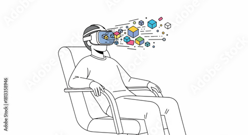 Virtual Reality Headset User Experiencing Digital World with Abstract Graphics Floating Around