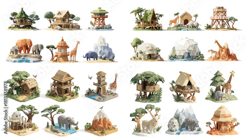 A vibrant illustration set of safari zoo habitats with elephants, giraffes, huts, watchtowers, and themed enclosures, designed in a warm natural style. Perfect for wildlife art, zoo games, and nature 