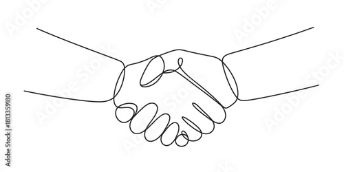 Continuous line drawing of two hands shaking, symbolizing agreement, partnership, success, and trust in business deals and collaboration