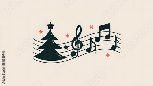 Christmas concert, music festival party, notes in sheet music and Christmas tree