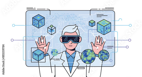 Virtual Reality Scientist Experiencing Futuristic Technology and Digital Innovations