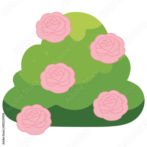 Flowering Rose Bush Cartoon with Pink Blossoms - Decorative Garden Element