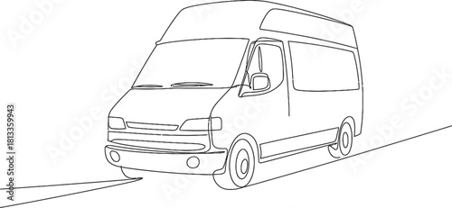 Outline illustration of a modern white high-roof delivery or camper van, rendered in a continuous line art style, driving on an incline.