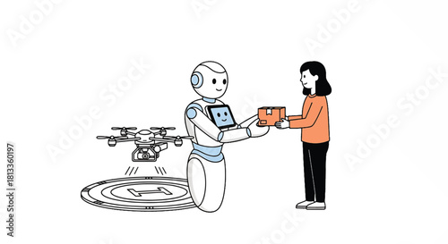 Robot delivering package to person with drone in background