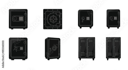 Collection of black safe icons in various styles and designs displayed