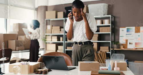 Photos Small business, woman or phone call with stress in logistics for supplier delay, delivery mistake or crisis