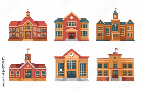 Charming collection of schoolhouses for educational projects, ideal for website design or learning materials with a touch of nostalgia and classic architecture