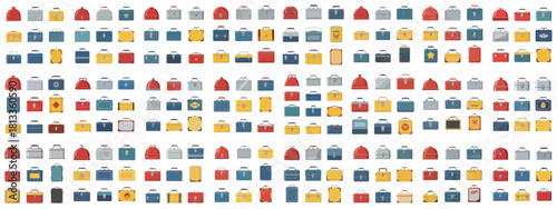 Massive collection of colorful retro metal lunch boxes and storage containers in flat vector illustration style, isolated on white background.