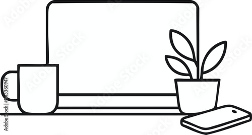 Minimalistic Workspace: A clean, sleek monochrome depiction of a modern workspace setup with a laptop, plant, mug, and smartphone, perfect for evoking a sense of calm and productivity.