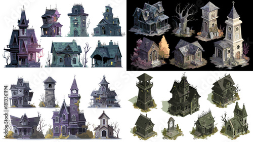 A detailed illustration set of haunted houses, spooky mansions, and eerie abandoned buildings with dark atmospheric details. Perfect for Halloween themes, fantasy art, and horror design projects.