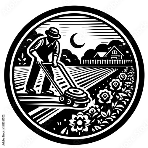Illustration of a man mowing the lawn at night with a house and moon in the background inside a circle