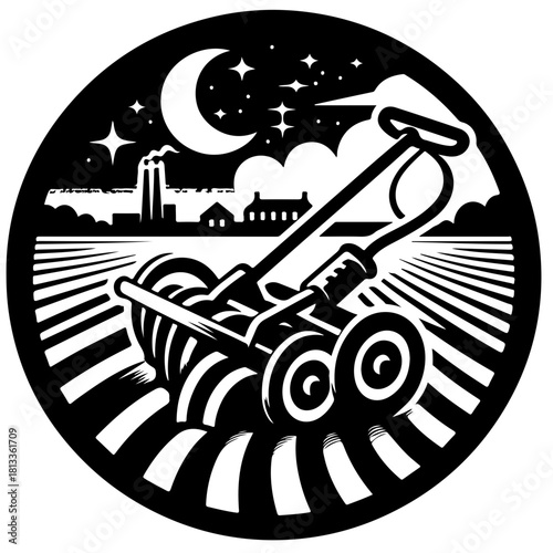 Illustration of a tillage tool in a field under a night sky with a moon and stars and a building line in back