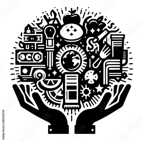 Hands holding a collection of diverse objects including food earth and tools in black and white style