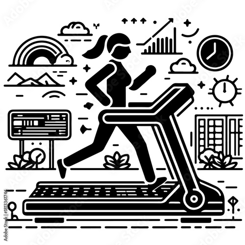 Woman running on a treadmill with a rainbow, mountains, and city buildings in the background vector art