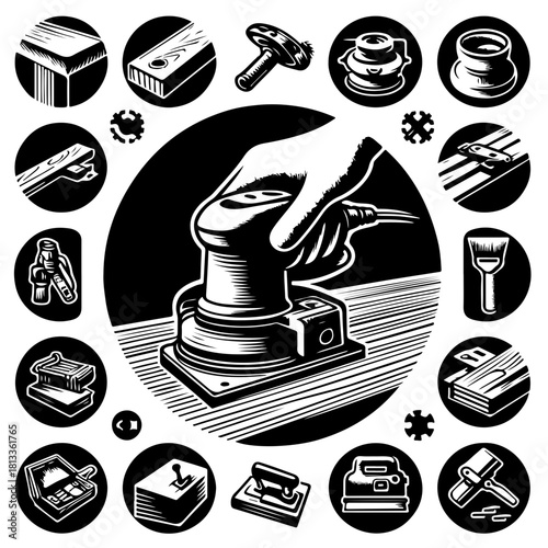 Illustration of a hand using a sander surrounded by woodworking tools in black and white style