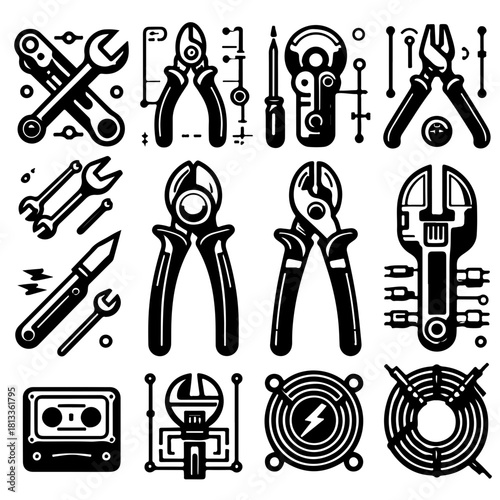 Illustration showcasing various tools including wrenches pliers and electronic components in black and white