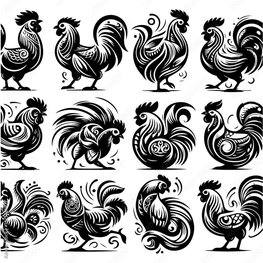 Fototapeta premium Collection of twelve stylized rooster illustrations in black and white with intricate details