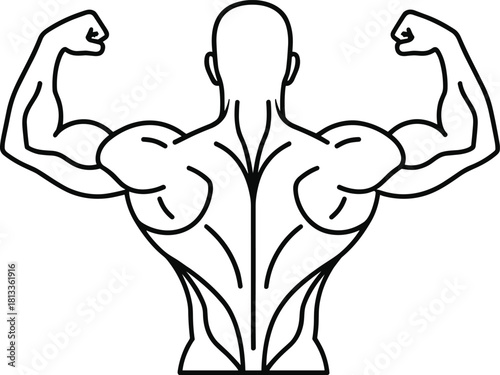 Bodybuilder Posing Back View Outline, Muscular Male Physique, Biceps Flex, Fitness, Strength Training, Power, and Gym Workout Line Art Vector.