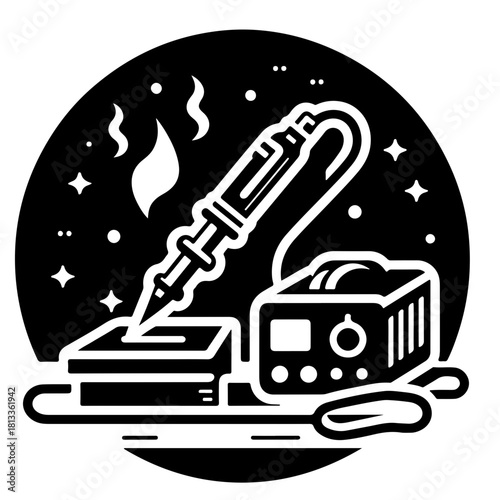 Illustration of a soldering iron and station with smoke and stars inside a black circle shape