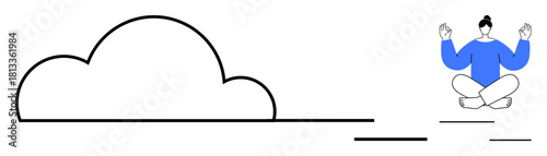 Cloud outline with meditating woman in lotus pose. Ideal for technology, mindfulness, balance, productivity, wellness, mental health, digital transformation. Simple flat metaphor