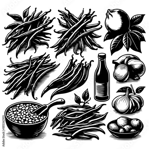 Illustration of various vegetables including beans peppers garlic lemon and a bottle in black and white