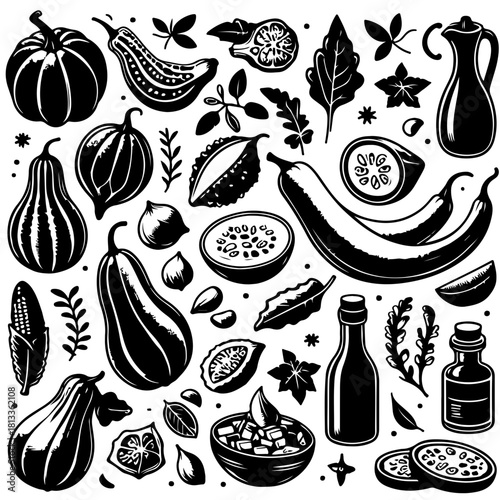 Monochrome assortment of various vegetables fruits and culinary oils in a seamless pattern design