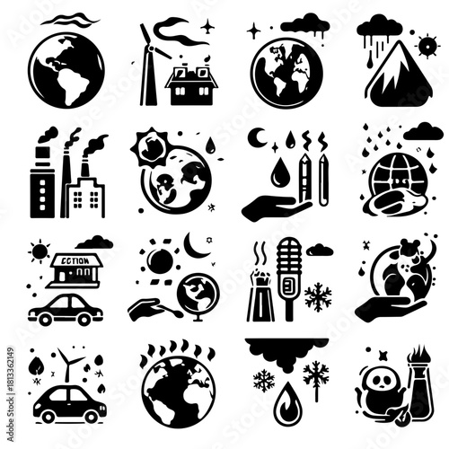 Collection of sixteen black and white climate change related icons including earth wind and rain and pollution