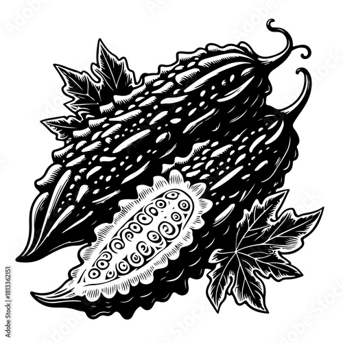 Illustration of two bitter melons with leaves in a detailed black and white drawing style design art