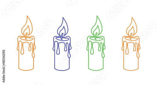 Four colorful outline candles with dripping wax a simple illustrative design