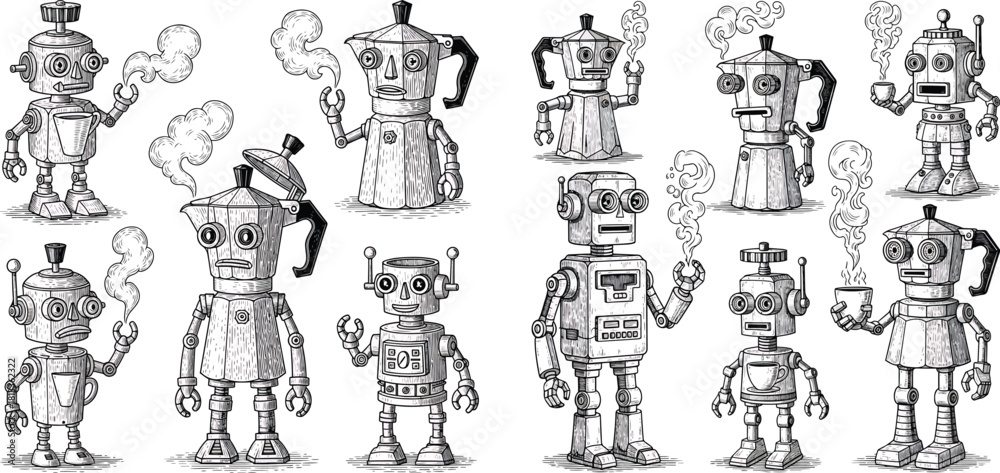 Naklejka premium Engraved Italian Coffee Maker Robot Character Vector Set Featuring Vintage Mechanical Steampunk Style Artwork