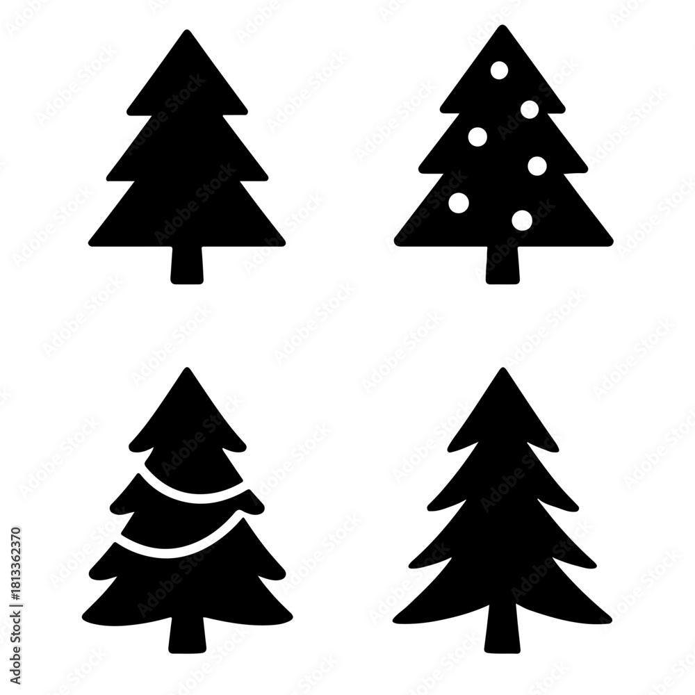 Obraz premium Four christmas trees with different designs in black and white holiday season festive winter decoration