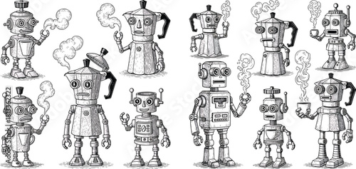 Engraved Italian Coffee Maker Robot Character Vector Set Featuring Vintage Mechanical Steampunk Style Artwork