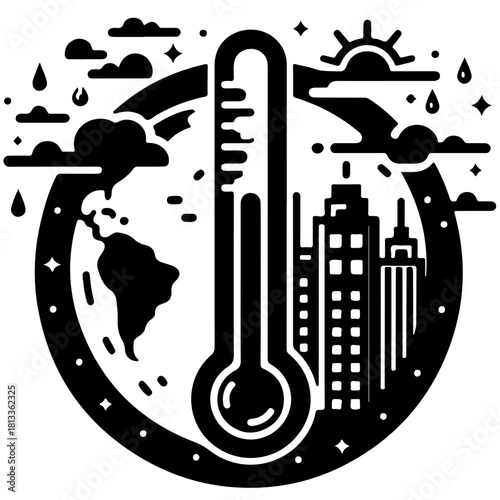 Illustration depicting global warming with earth, thermometer, cityscape, sun, and weather elements