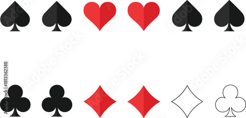 Playing Card Suits Icons Set, Spades, Hearts, Clubs, and Diamonds Symbols, Casino, Poker Game, Gambling, and Luck Graphic Design Elements Vector.