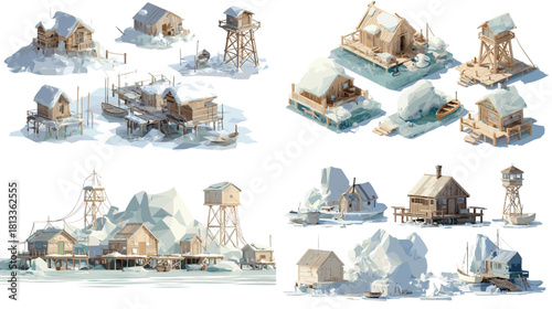 A detailed illustration set of snowy wooden villages, arctic huts, docks, and watchtowers, showing remote winter settlements and frozen landscapes. Perfect for game design, winter themes, and explorat