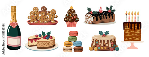 Festive vector set of holiday desserts including cakes, gingerbread cookies, macarons, cupcake, yule log, pudding, and champagne bottle, drawn in a colorful, charming, modern style