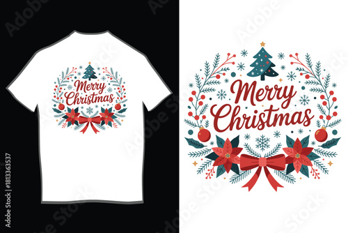 Merry christmas holiday wreath vector illustration featuring classic festive elements like poinsettias, pine branches, ornaments, berries and a red bow